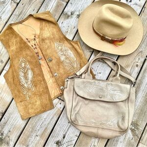 UPCYCLED Suede leather vest w rustic native metalic feather artisan accents
